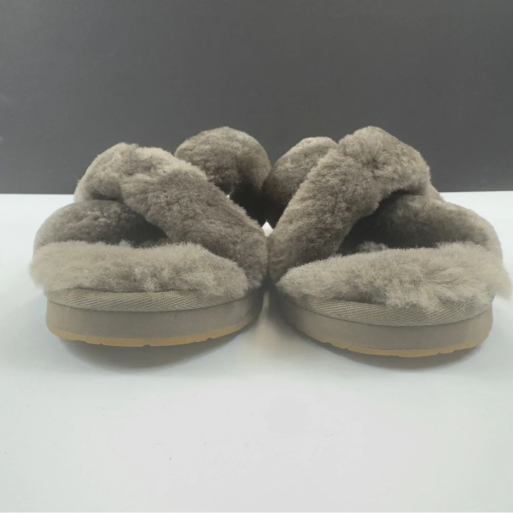 UGG Abela cris-cross grey furry sheepskin fluffy slippers sz 7 EUC - Picture 7 of 16